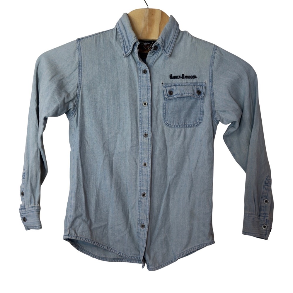 Vintage 90s Harley-Davidson Women's Denim Button Down Shirt Size S Bikercore
